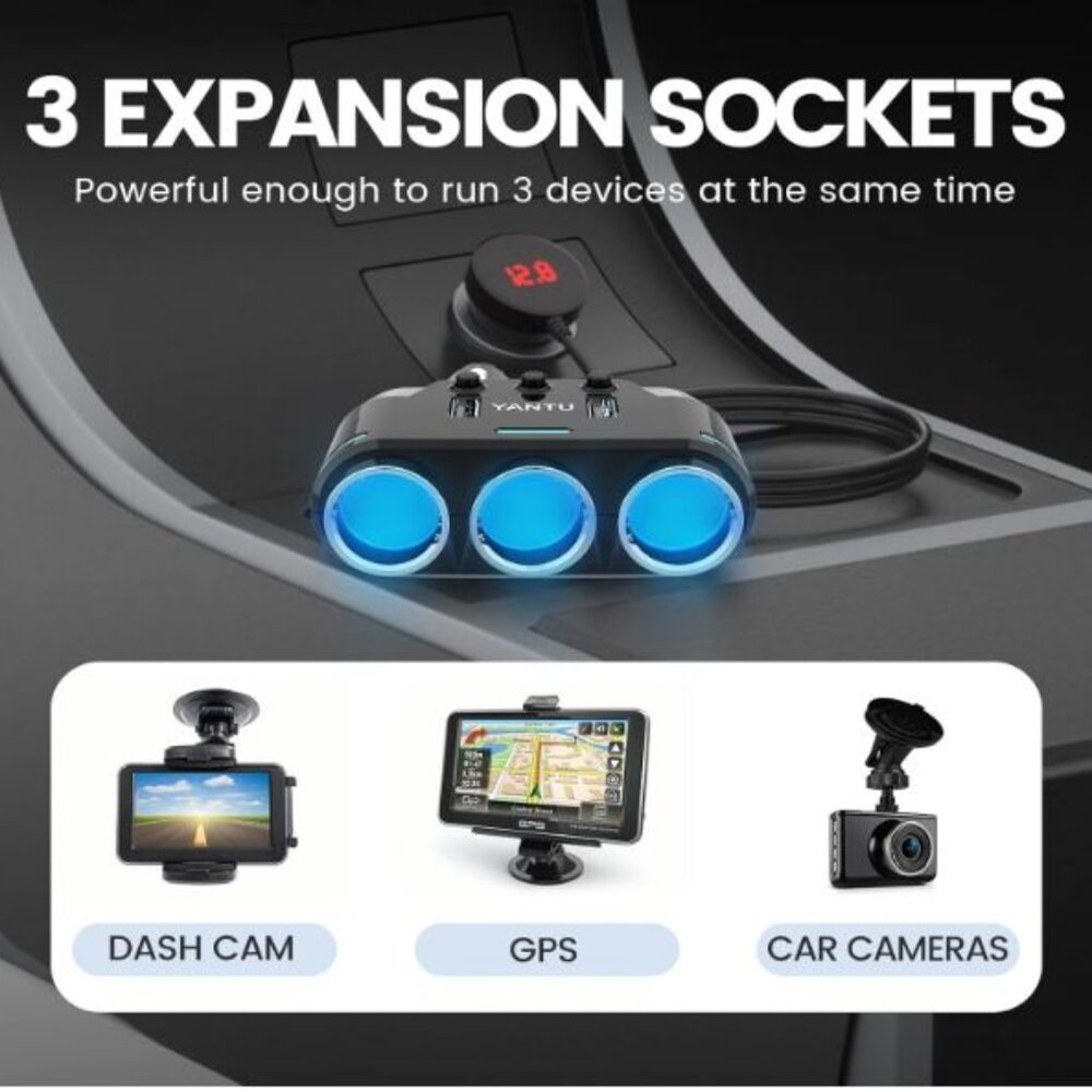 YANTU Cigarette Lighter Adapter & Splitter with 150W 3-Sockets & LED Ambient - Picture 5 of 5